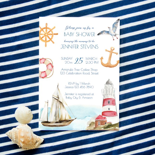Nautical marine sailing theme boy baby shower invitation