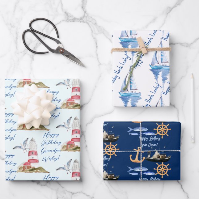 Nautical marine sailing theme man grandpa, dad  wrapping paper sheets (Front)