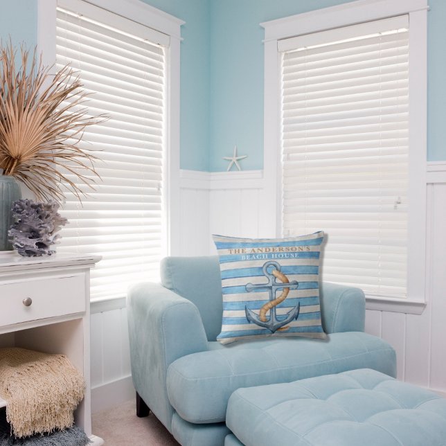 Nautical Marine Striped Wood Family Beach House Throw Pillow (Creator Uploaded)