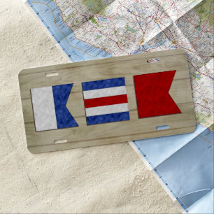 Nautical Maritime Flag Monogram Light Wood License Plate