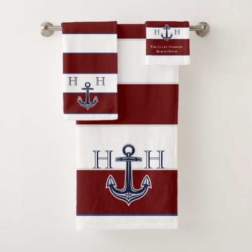 Nautical Maroon Navy Anchor Coastal Monogram Name  Bath Towel Set