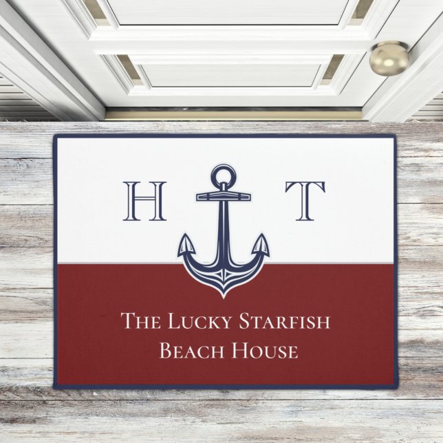 Nautical Maroon Red Anchor Coastal Monogrammed Doormat (Creator Uploaded)