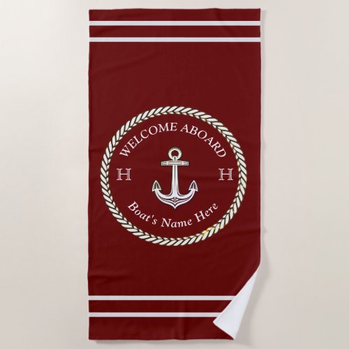 Nautical Maroon Red Boat Name Anchor Rope Beach Towel