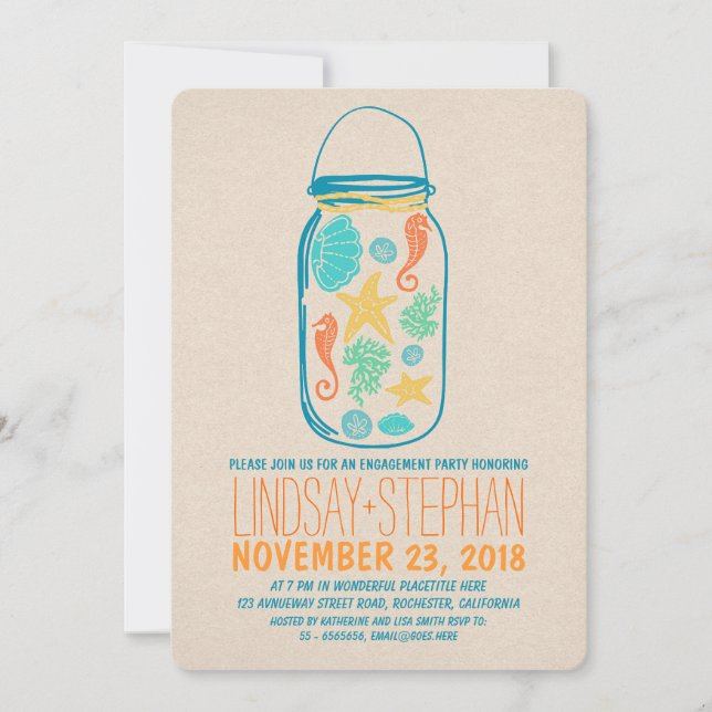 Nautical mason jar beach engagement party invite (Front)