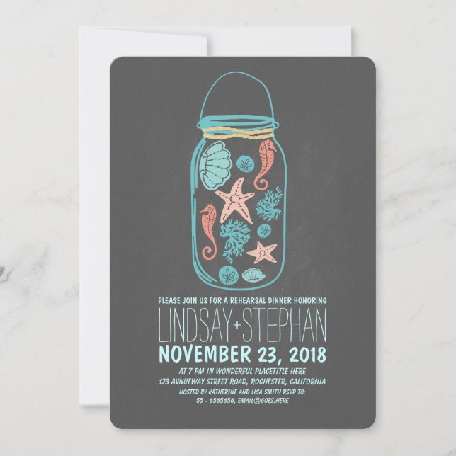 Nautical mason jar beach rehearsal dinner invite (Front)