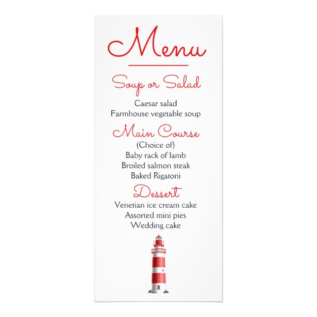 Nautical Menu Beach Wedding Lighthouse Red (Front)