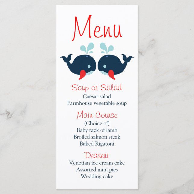 Nautical Menu Navy Blue Red Whales Beach Wedding (Front)