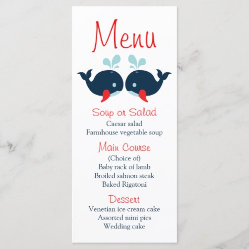 Nautical Menu Navy Blue Red Whales Beach Wedding