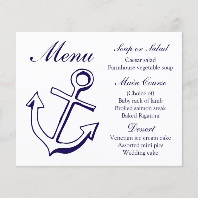 Nautical Menu Ship Anchor Navy Blue Wedding (Front)