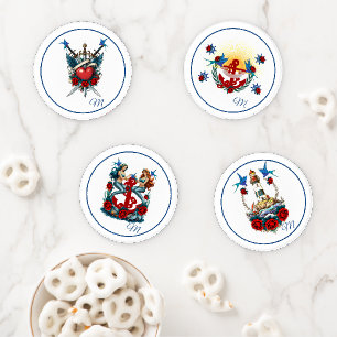Nautical Mermaid & Anchor Tattoo Art Monogram  Coaster Set