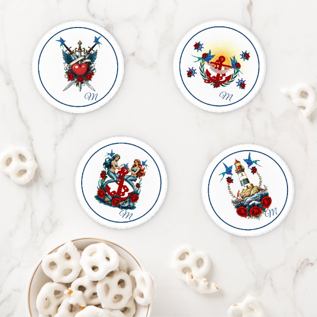 Nautical Mermaid & Anchor Tattoo Art Monogram  Coaster Set (In Situ)