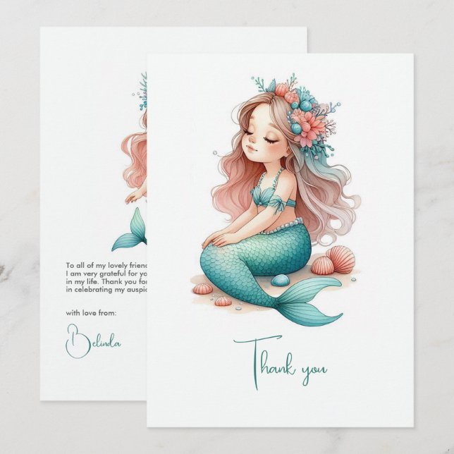 Nautical Mermaid Birthday Party Thank You Card (Front/Back)