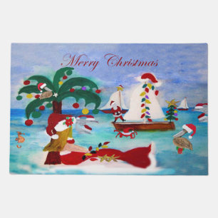 Nautical mermaid Christmas boat parade Holiday rug