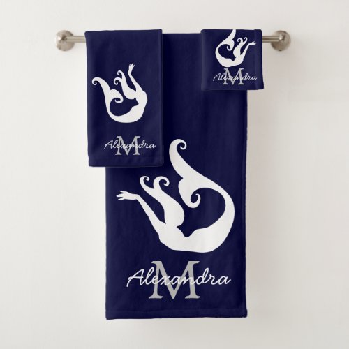 Nautical Mermaid Coastal Navy Blue White Beach   B Bath Towel Set