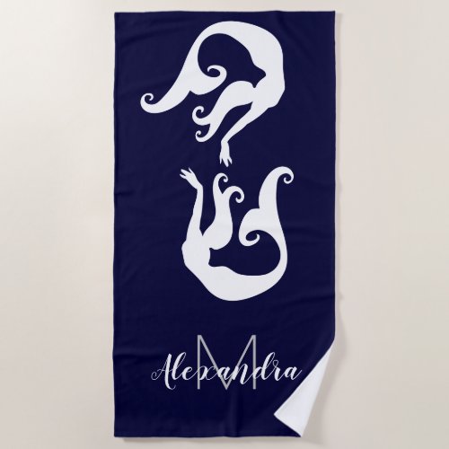 Nautical Mermaid Coastal Navy Blue White  Beach Towel