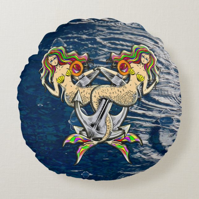 Nautical Mermaid Ocean Round Pillow (Front)