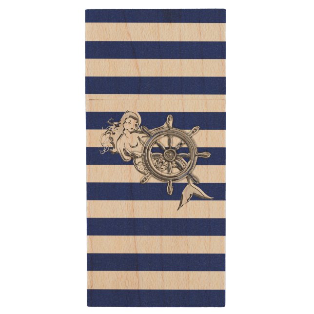Nautical Mermaid Theme Stripes Design Wood USB Flash Drive (Front Vertical)