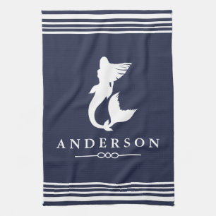 Nautical Mermaid White Stripes & Navy Kitchen Towel