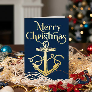 Nautical Merry Christmas Anchor Navy Gold Foil Holiday Card