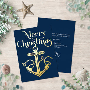 Nautical Merry Christmas Anchor Navy Gold  Foil Holiday Card