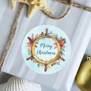 Nautical Merry Christmas Ship Wheel Classic Round Sticker