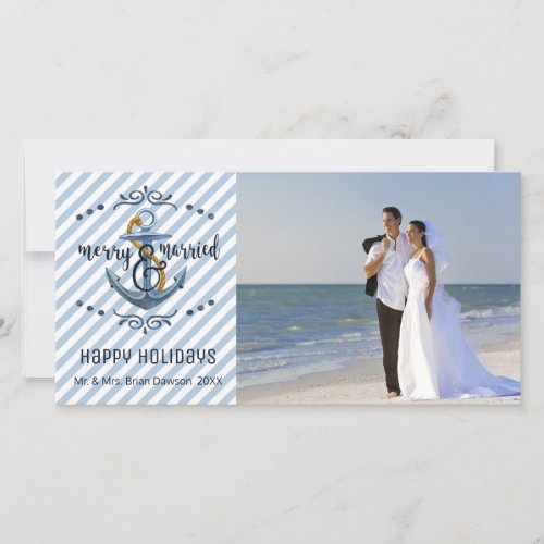 Nautical Merry  Married Blue Stripes One Photo Holiday Card