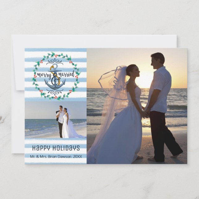 Nautical Merry & Married, Blue Stripes, Two Photos Holiday Card (Front)