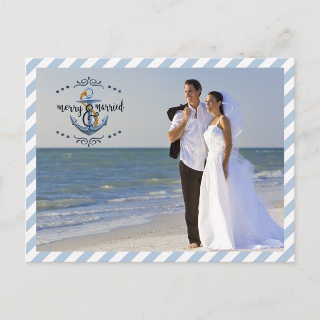 Nautical Merry & Married, Blue Stripes-Two Photos Holiday Postcard (Front)