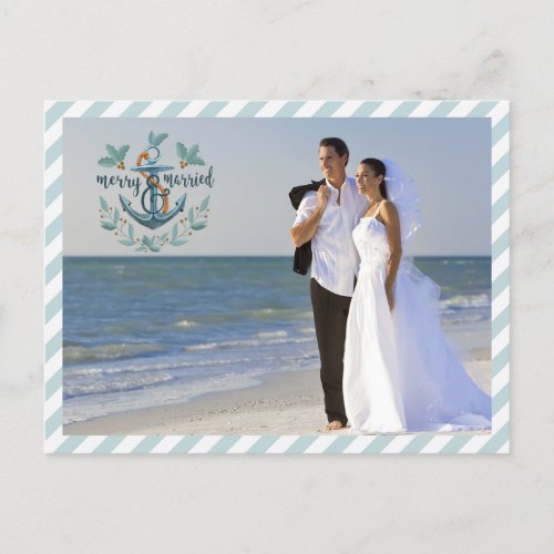 Nautical Merry  Married Teal Stripes Two Photos Holiday Postcard
