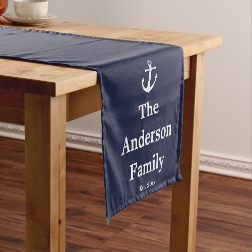 Nautical Midnight Blue and White Anchor Name Text Short Table Runner