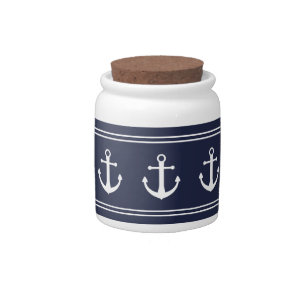 Nautical Midnight Blue and White Anchor Pattern Candy Jar