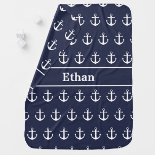 Nautical Midnight Blue and White Name & Anchors Baby Blanket