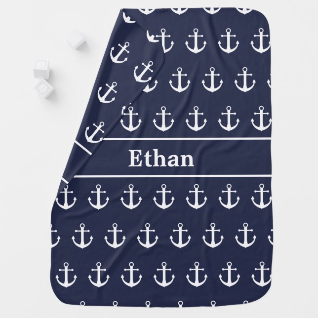 Nautical Midnight Blue and White Name & Anchors Baby Blanket (In Situ)