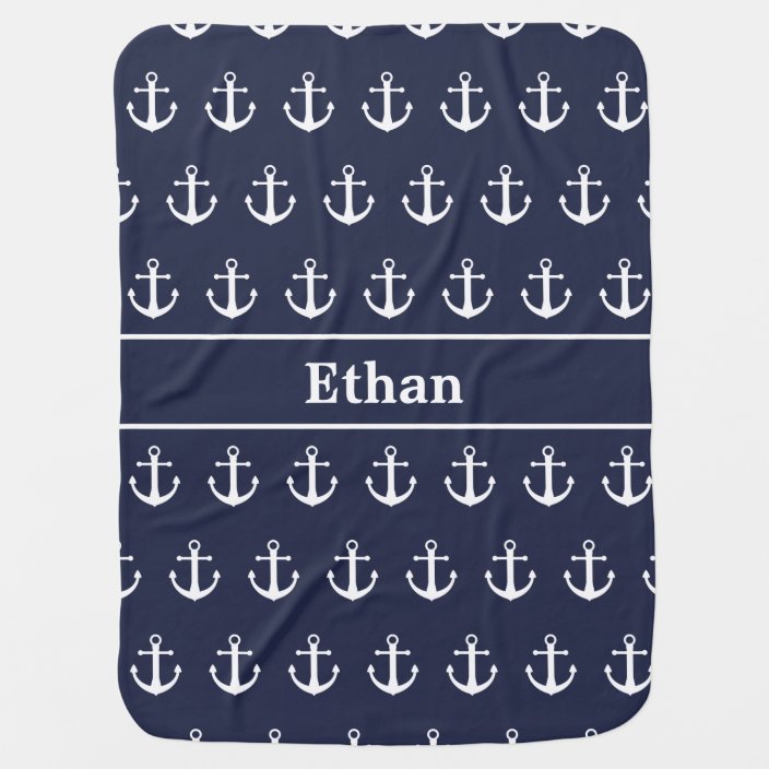 Nautical Midnight Blue and White Name & Anchors Baby Blanket