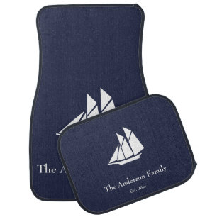 Nautical Midnight Blue and White Name Sailboat Car Floor Mat
