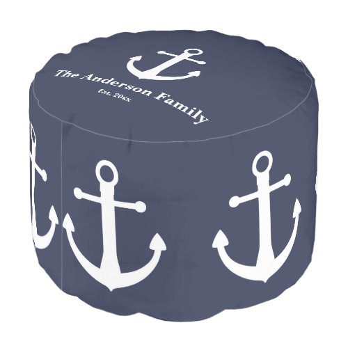 Nautical Midnight Blue and White Name Text Anchor Pouf