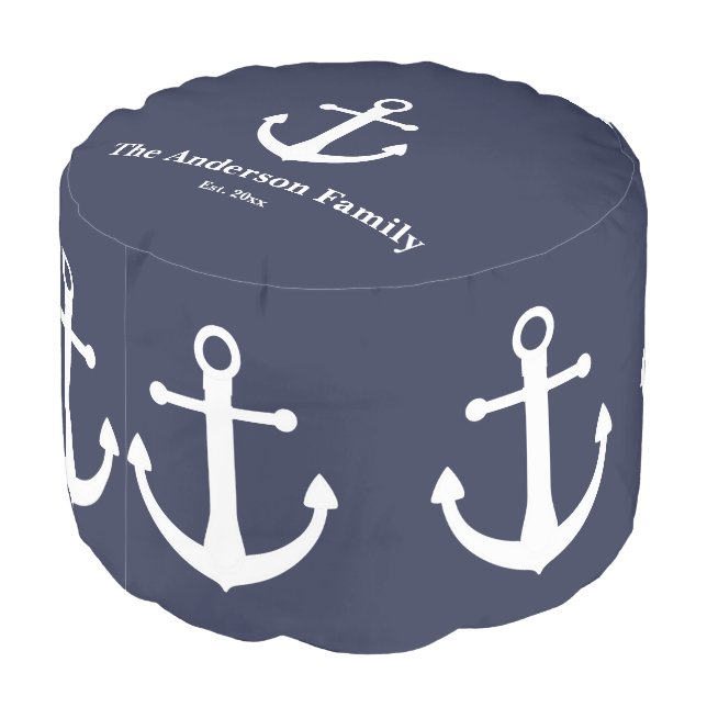 Nautical Midnight Blue and White Name Text Anchor Pouf (Angled Back)
