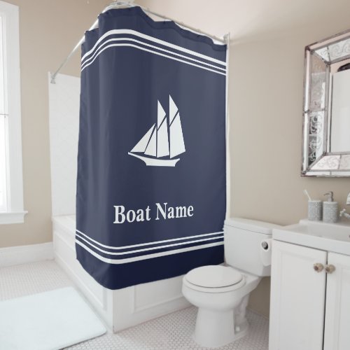 Nautical Midnight Blue and White Sailboat Add Text Shower Curtain