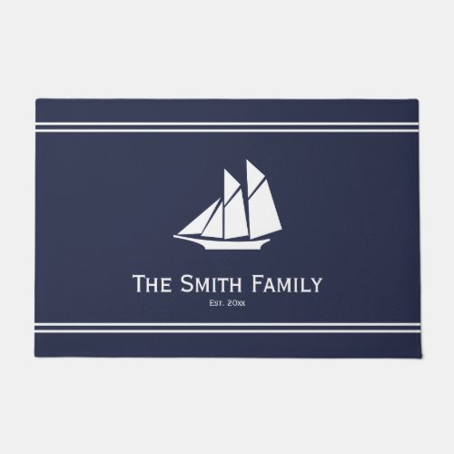 Nautical Midnight Blue and White Sailboat Name Doormat