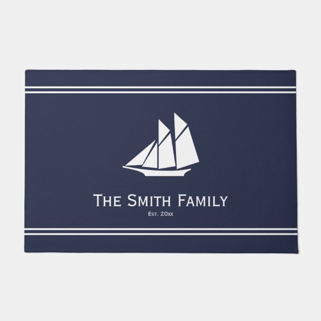 Nautical Midnight Blue and White Sailboat Name Doormat (Front)
