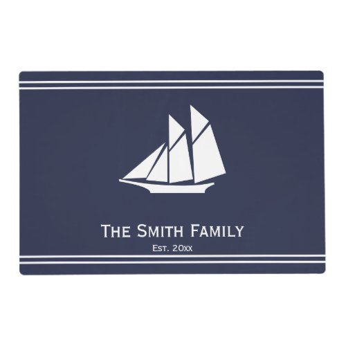 Nautical Midnight Blue and White Sailboat Text Placemat