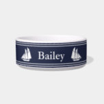 Nautical Midnight Blue and White Sailboats Pet Bowl<br><div class="desc">This midnight blue pet bowl has white display text in the center. You can edit the text to show the correct name. This nautical pet bowl also has a white sailboat on either side of the text.</div>