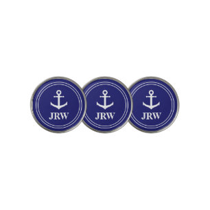 Nautical Midnight Blue White Anchor & Monogram Golf Ball Marker