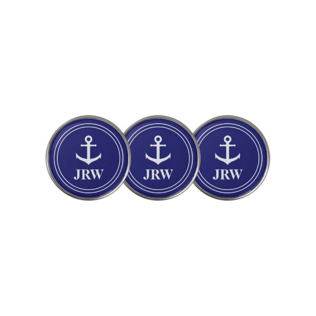 Nautical Midnight Blue White Anchor & Monogram Golf Ball Marker (3 Up)