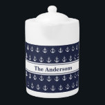 Nautical Midnight Blue White Anchor Pattern & Name Teapot<br><div class="desc">A pattern of white anchors is on this midnight blue and white pitcher. Midnight blue display text is in the center. You can change the text to show the correct name or custom message.</div>