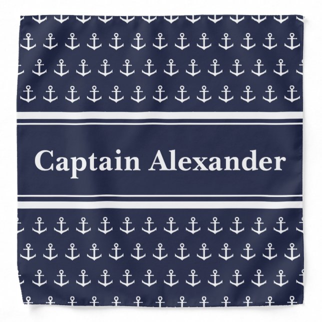 Nautical Midnight Blue White Anchors Captain Name Bandana (Front)