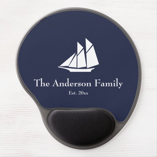 Nautical Midnight Blue White Boat Family Name Est. Gel Mouse Pad (Front)