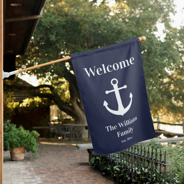 Nautical Midnight Blue White Welcome Family Name House Flag (In SItu)