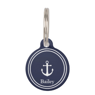 Nautical Midnight Blue & White with Anchor & Name Pet ID Tag