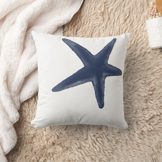 Nautical Minimal Navy White Starfish Throw Pillow (Blanket)